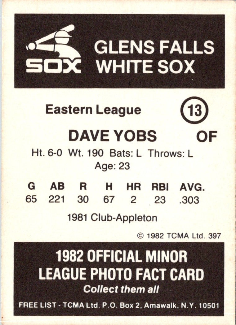 1982 TCMA Glens Falls White Sox Dave Yobs