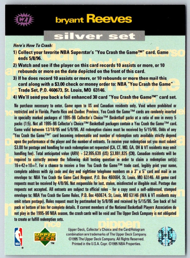 1995 Collector's Choice You Crash the Game Assists/Rebounds Silver Exchange Bryant Reeves
