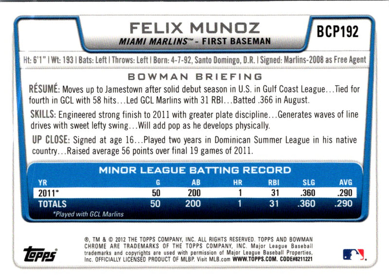 2012 Bowman Chrome Prospects Felix Munoz