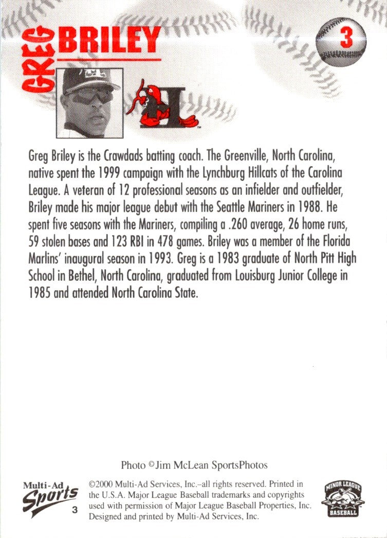 2000 Multi-Ad Hickory Crawdads Greg Briley