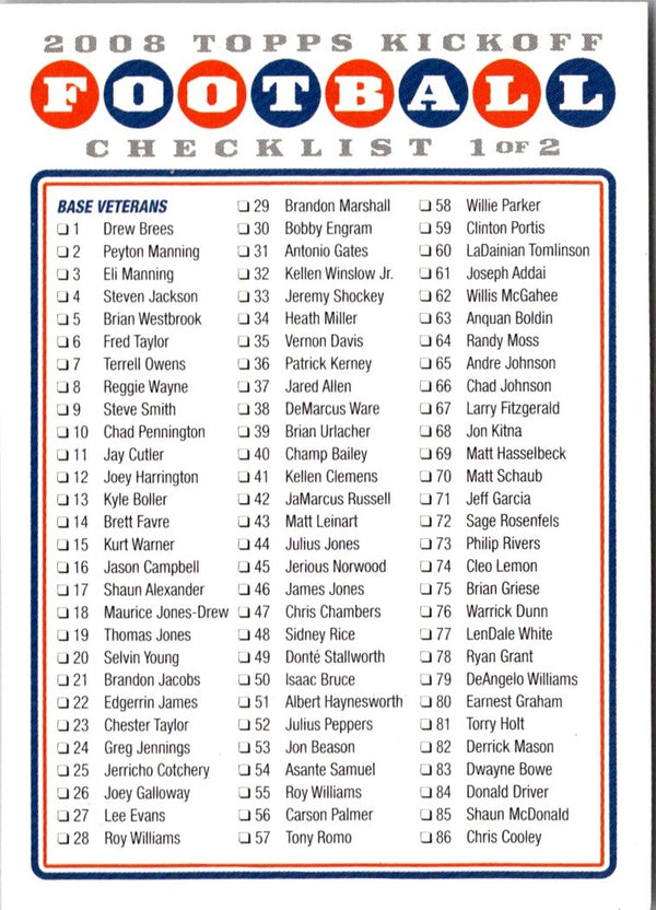 2008 Topps Kickoff Checklist 1 #CL1