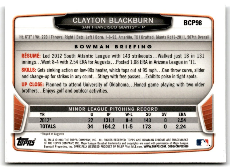 2013 Bowman Chrome Prospects Clayton Blackburn