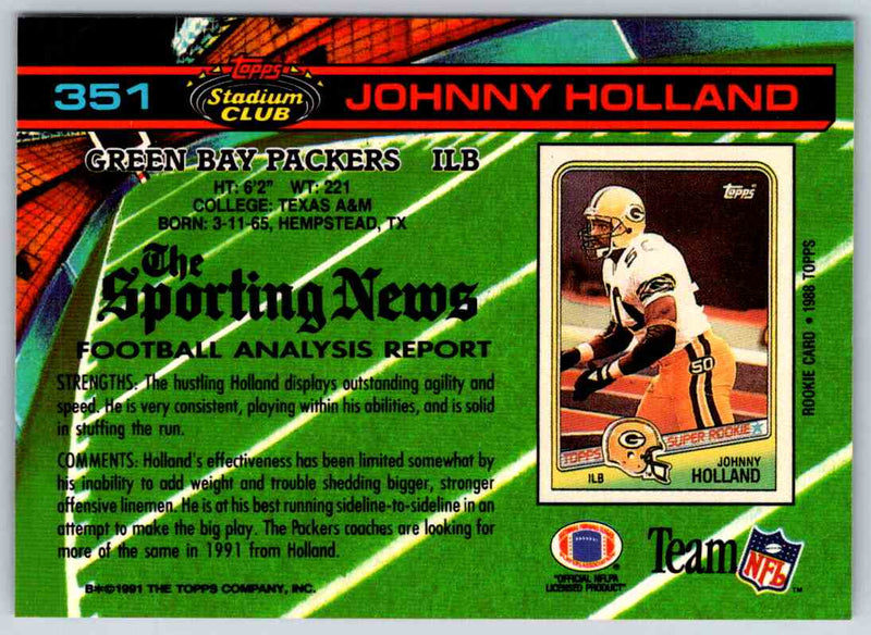 1991 Topps Stadium Club Football Johnny Holland