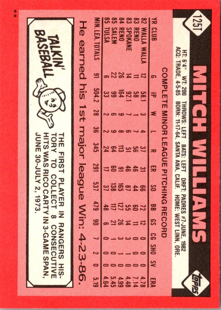 1986 Topps Traded Mitch Williams