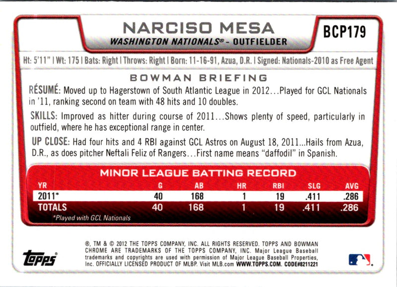 2012 Bowman Chrome Prospects Narciso Mesa