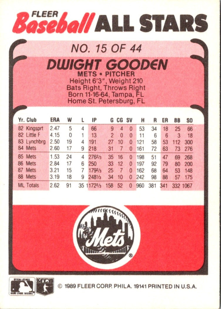 1989 Fleer Baseball All-Stars Dwight Gooden