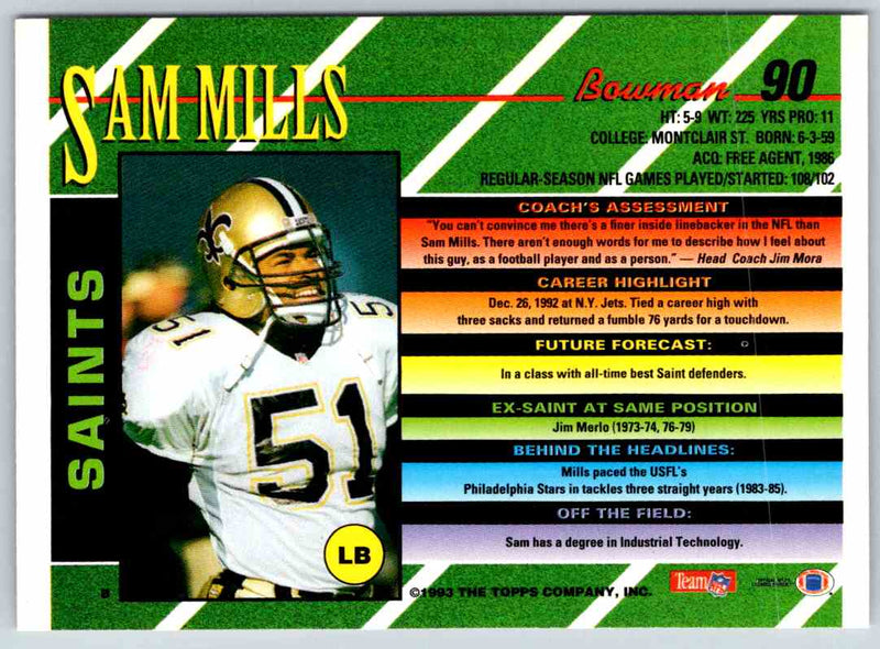 1993 Bowman Football Sam Mills