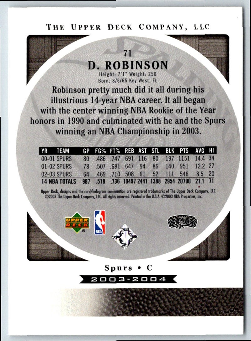 2003 Upper Deck Standing O David Robinson
