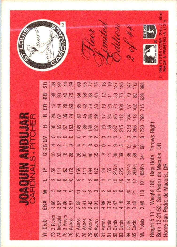 1986 Fleer Limited Edition Joaquin Andujar