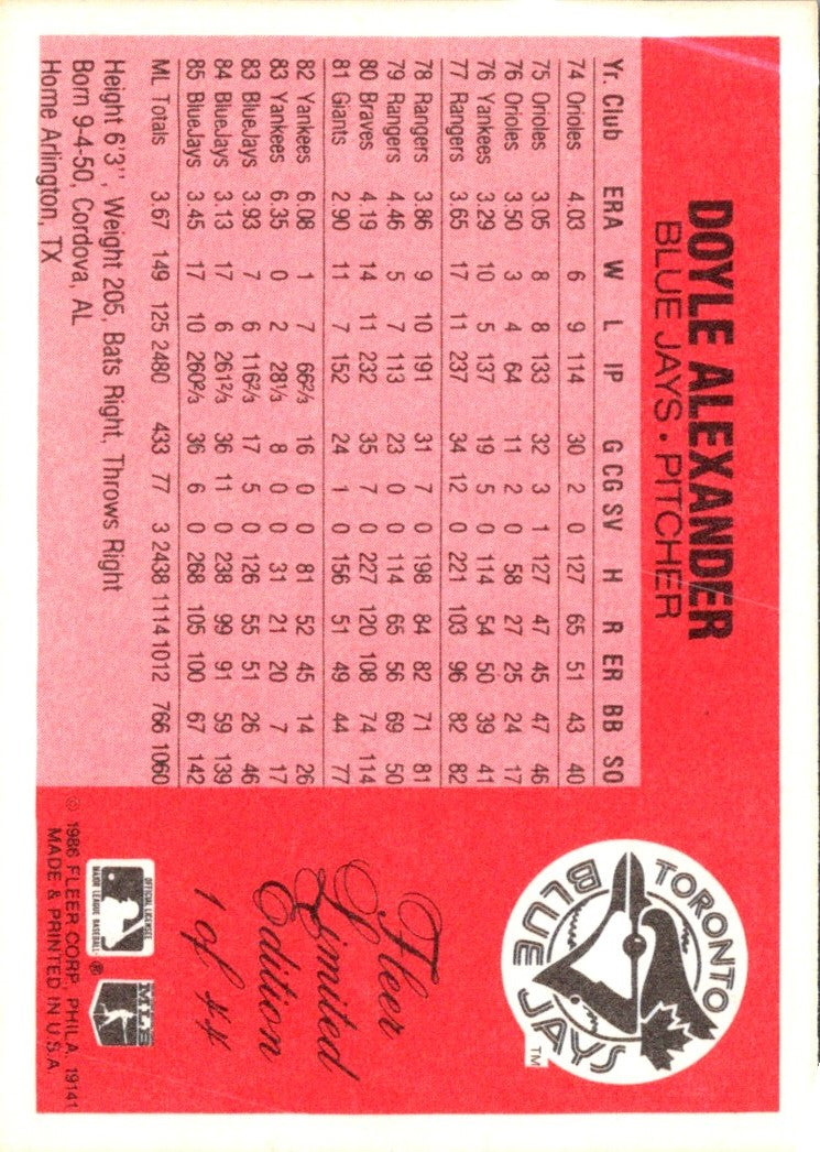 1986 Fleer Limited Edition Doyle Alexander