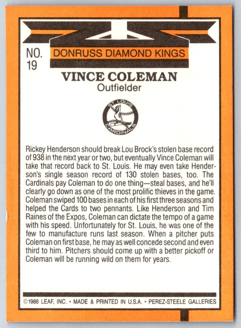 1989 Donruss Diamond  Kings Vince Coleman