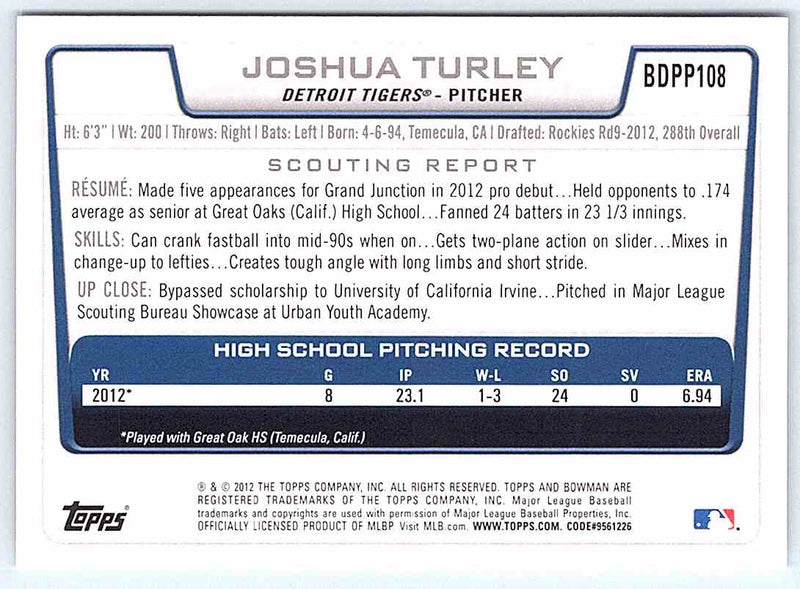 2012 Bowman Joshua Turley