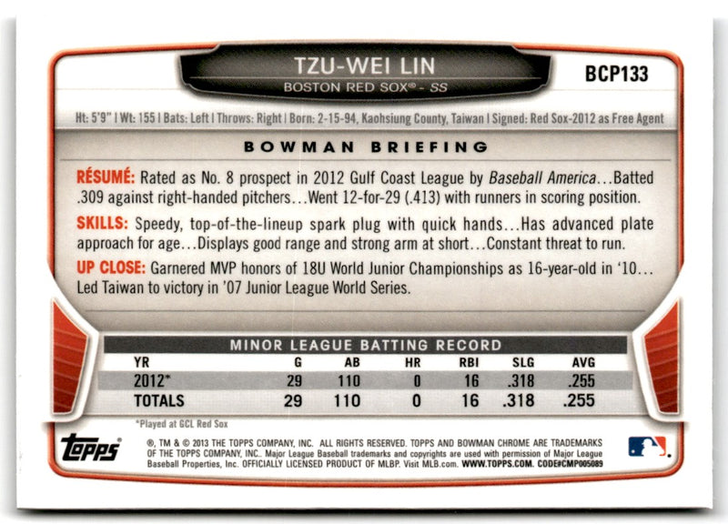 2013 Bowman Chrome Prospects Tzu-Wei Lin