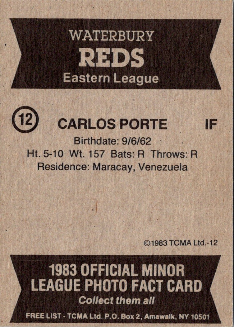 1983 TCMA Waterbury Reds Carlos Porte