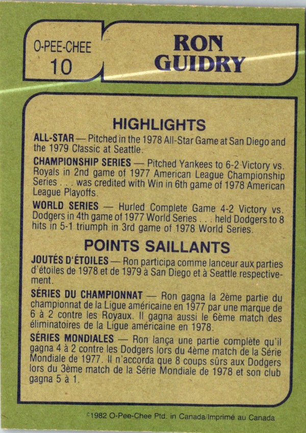 1982 O-Pee-Chee Ron Guidry #10