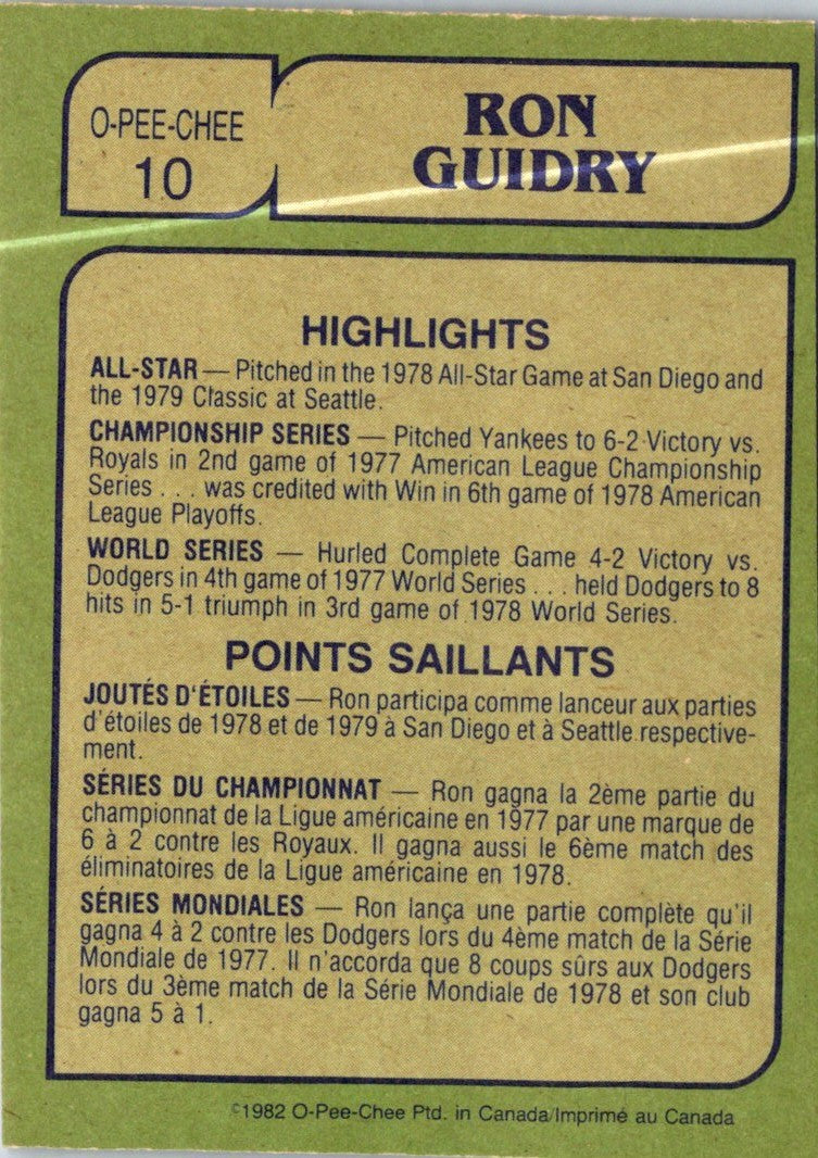 1982 O-Pee-Chee Ron Guidry