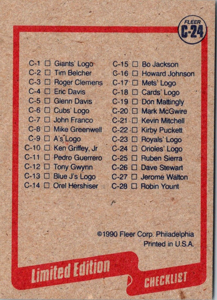 1990 Fleer Wax Box Cards Orioles Logo