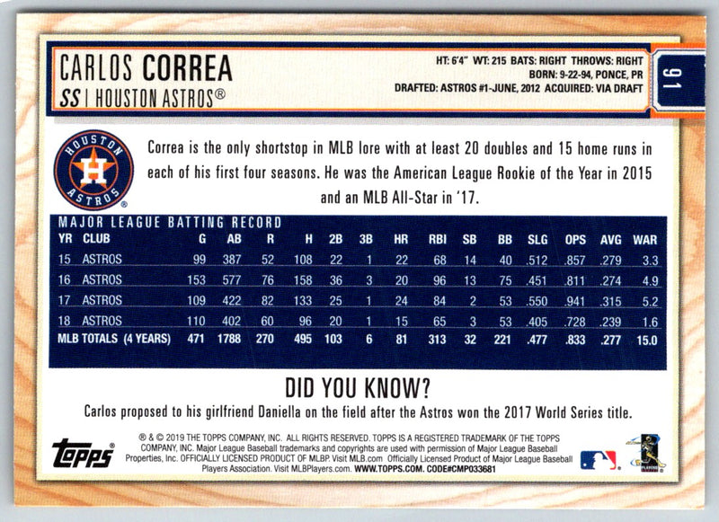 2019 Topps Big League Gold Carlos Correa