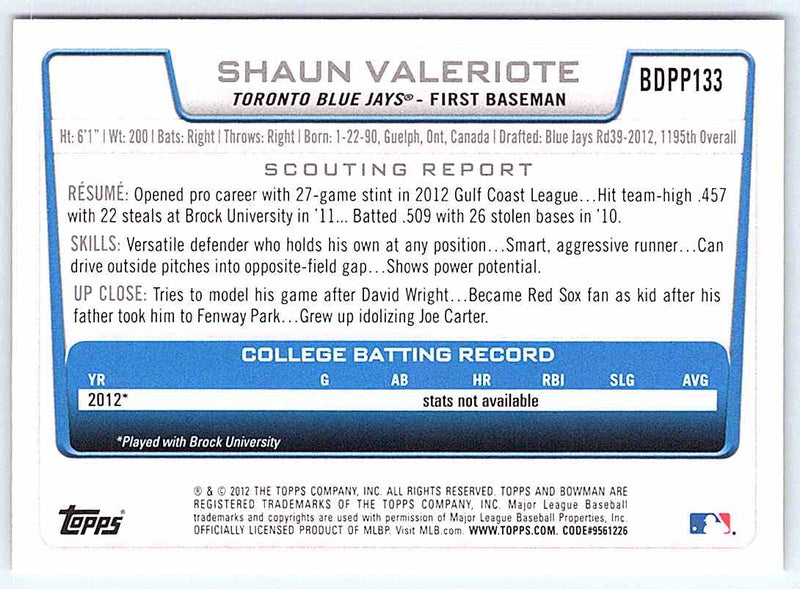 2012 Bowman Shaun Valeriote