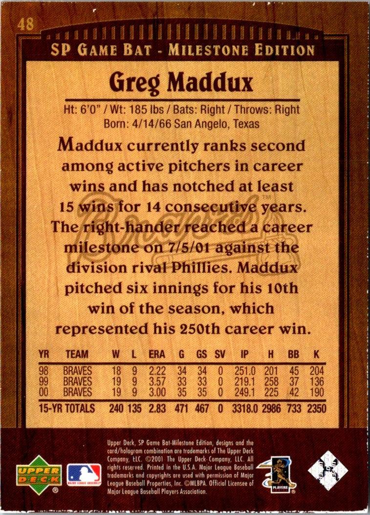 2001 SP Game Bat Milestone Greg Maddux