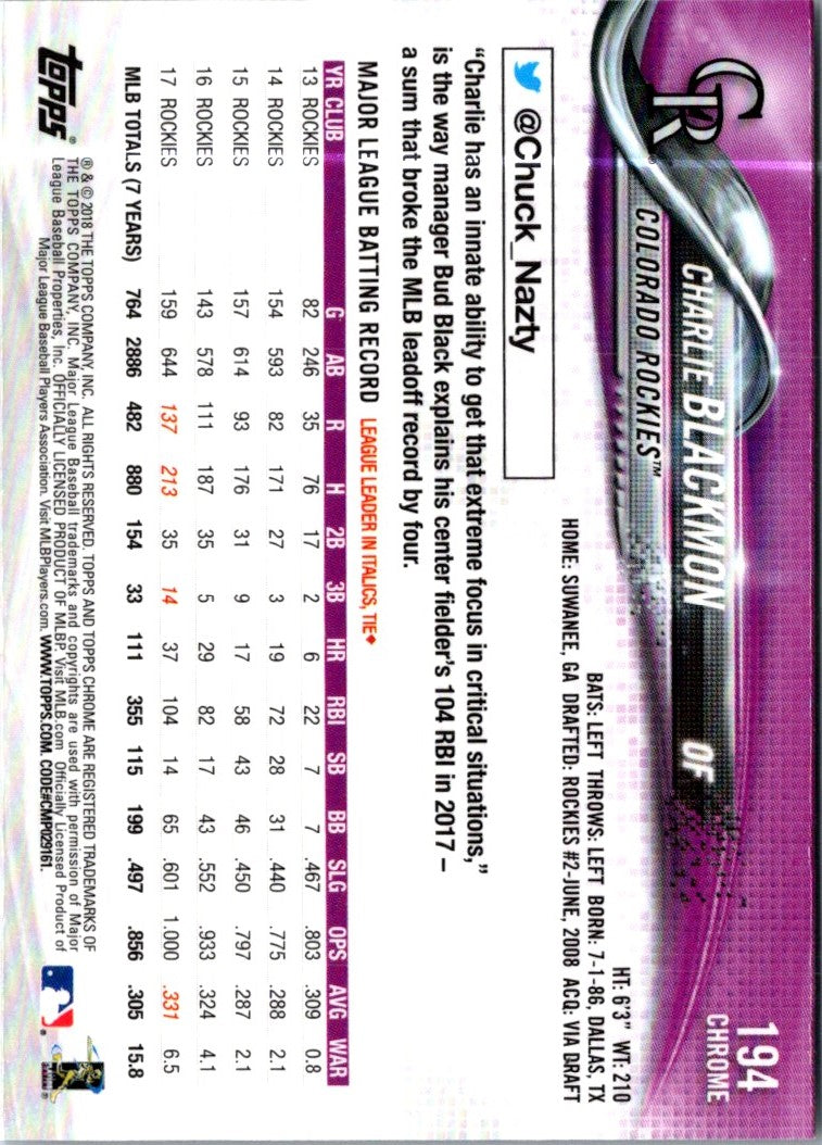 2018 Topps Chrome Charlie Blackmon