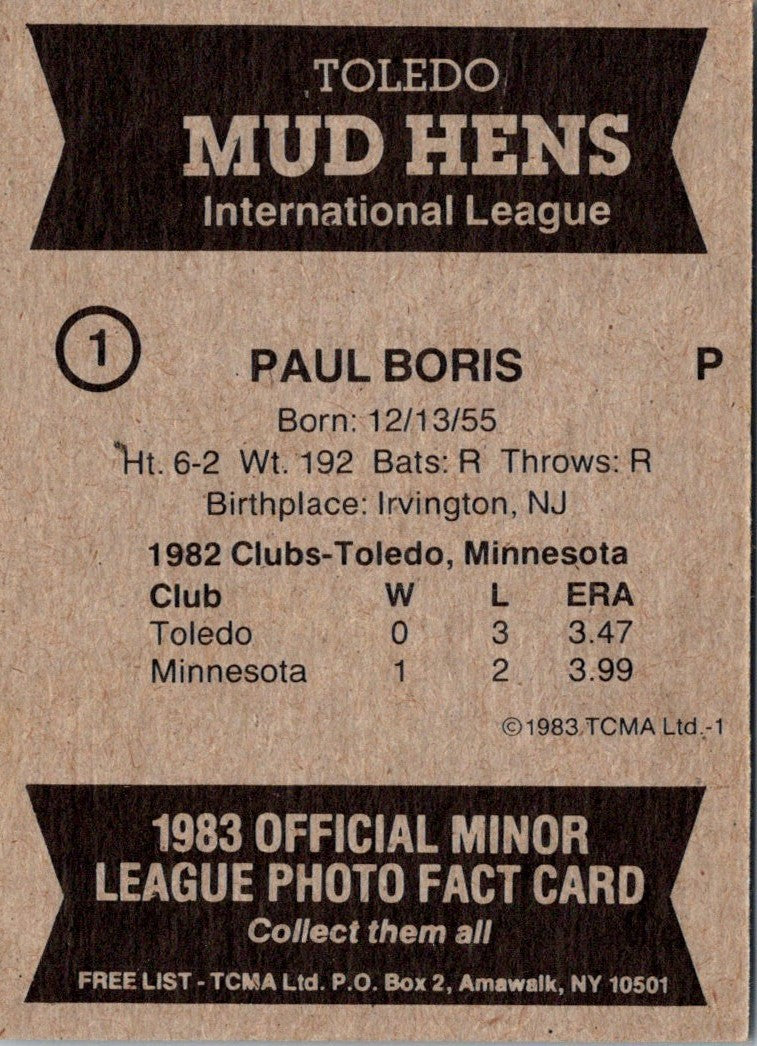 1983 TCMA Toledo Mud Hens Paul Boris