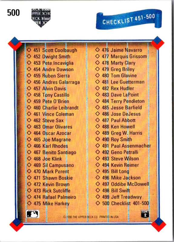 1991 Upper Deck Checklist 401- #500