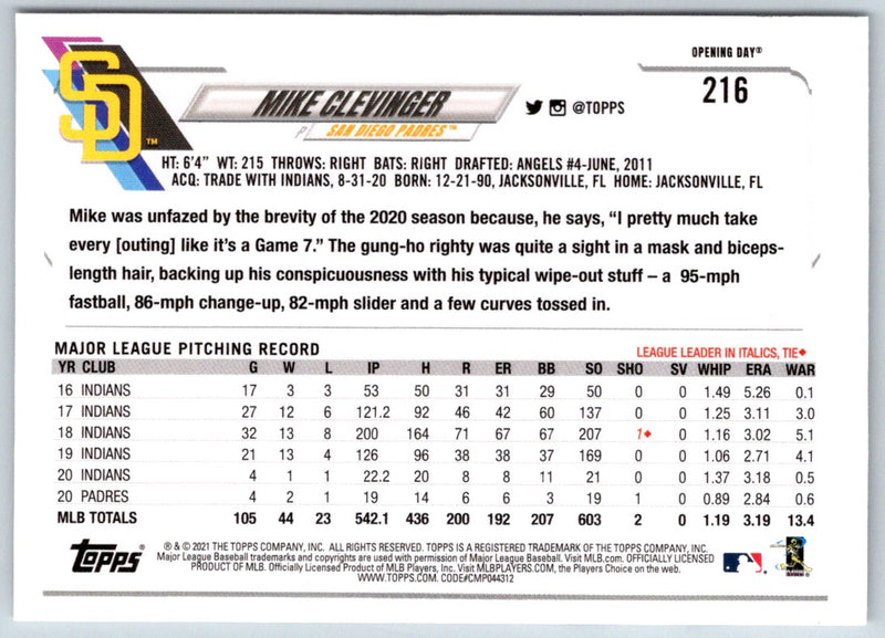 2021 Topps Opening Day Mike Clevinger