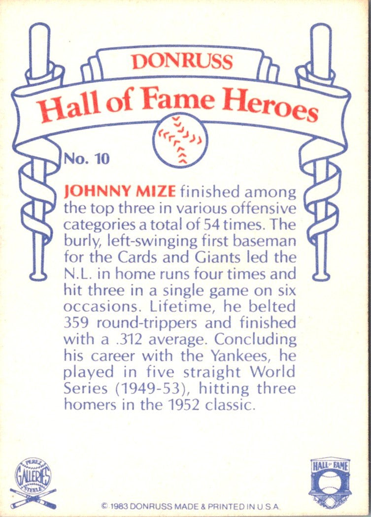 1983 Donruss Hall of Fame Heroes Johnny Mize