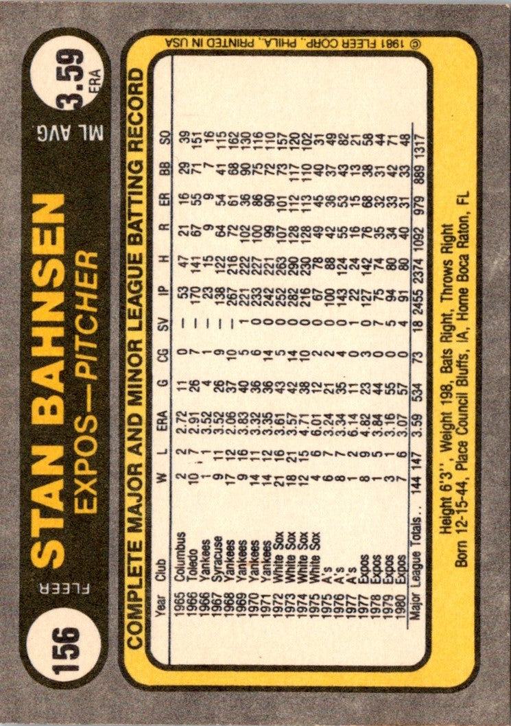 1981 Fleer Stan Bahnsen