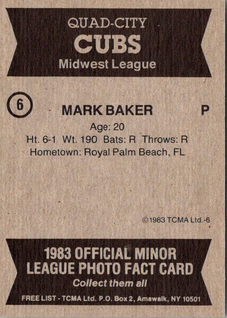 1983 TCMA Quad City Cubs Mark R. Baker