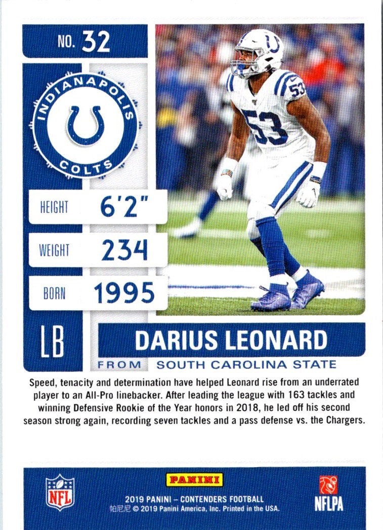 2019 Panini Contenders Season Ticket Red Zone Darius Leonard