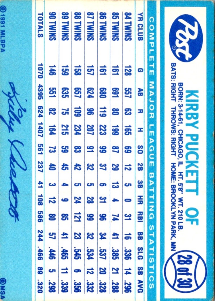 1991 Post Cereal Kirby Puckett