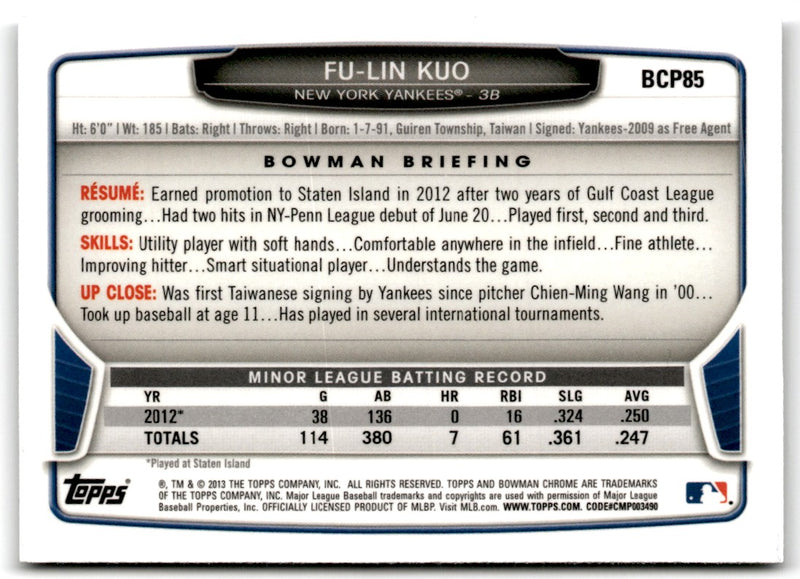 2013 Bowman Chrome Prospects Fu-Lin Kuo