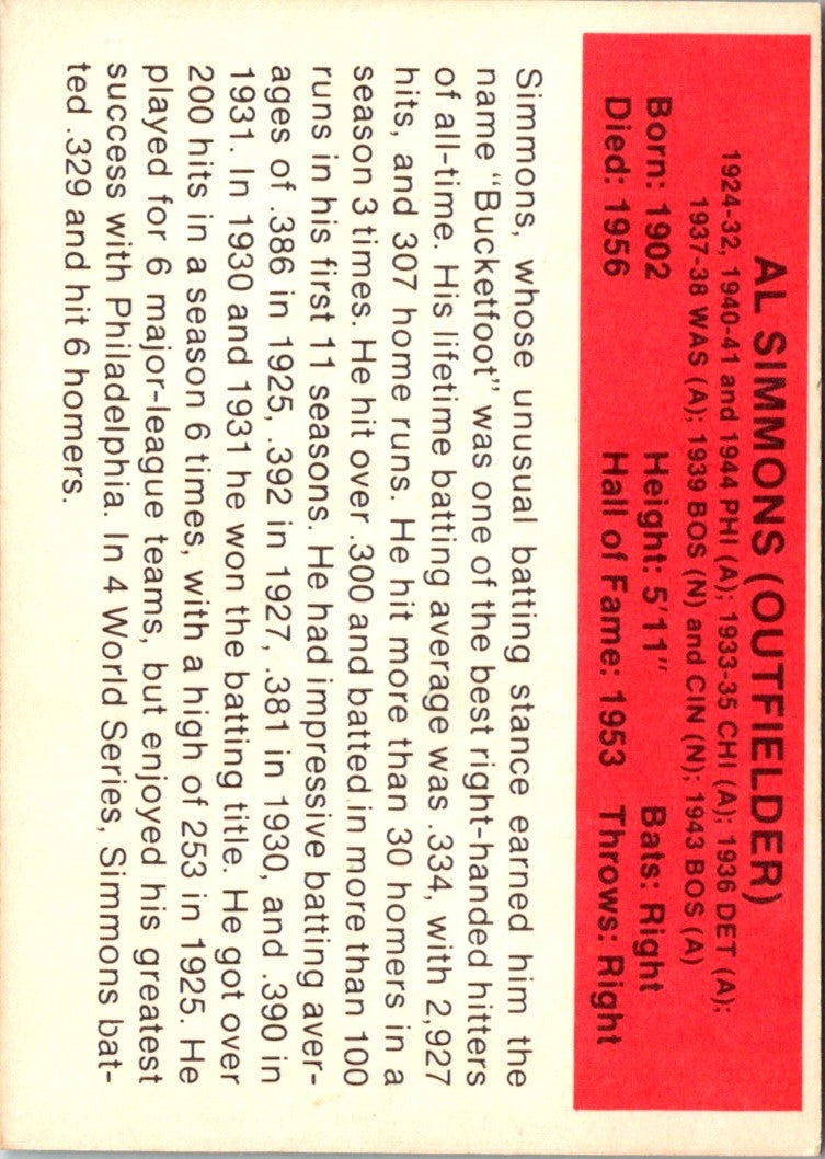 1987 Hygrade All-Time Greats Al Simmons