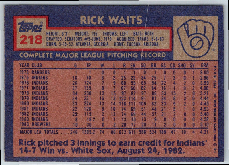 1984 Topps Rick Waits