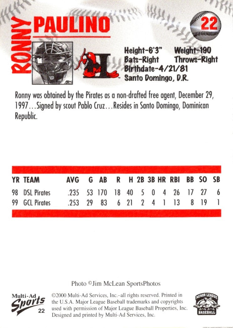 2000 Multi-Ad Hickory Crawdads Ronny Paulino