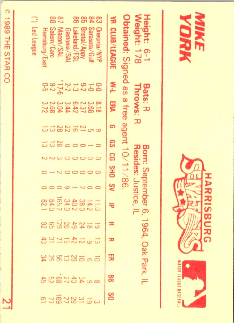 1989 Star Harrisburg Senators Platinum Mike York