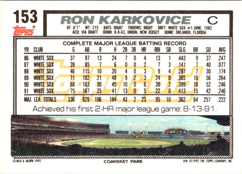 1992 Topps Gold Winners Ron Karkovice