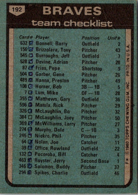 1980 Topps Atlanta Braves - Bobby Cox #192