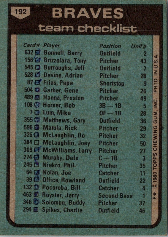 1980 Topps Atlanta Braves - Bobby Cox #192