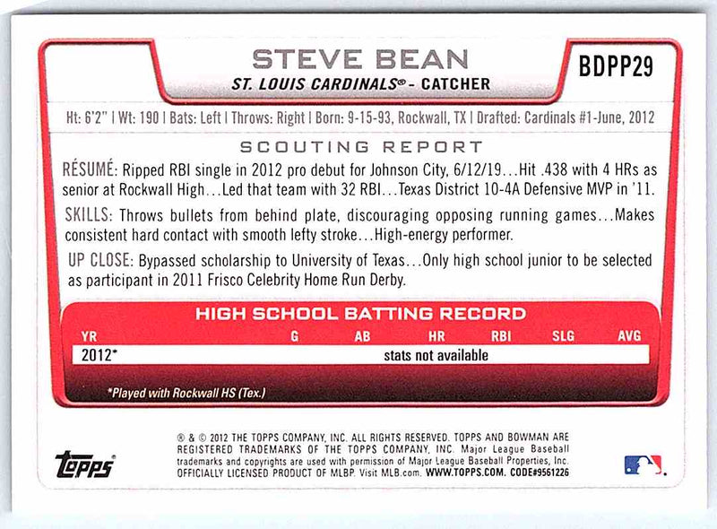 2012 Bowman Steve Bean