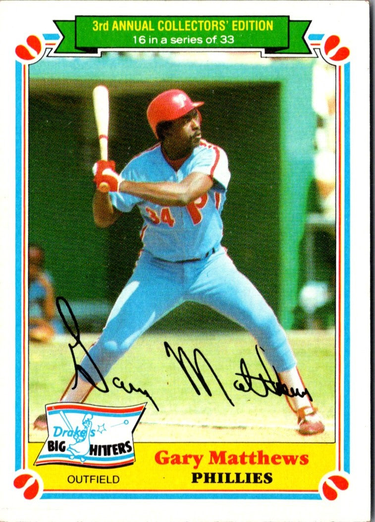 1983 Topps Drake's Big Hitters Gary Matthews