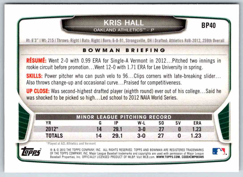 2013 Bowman Kris Hall