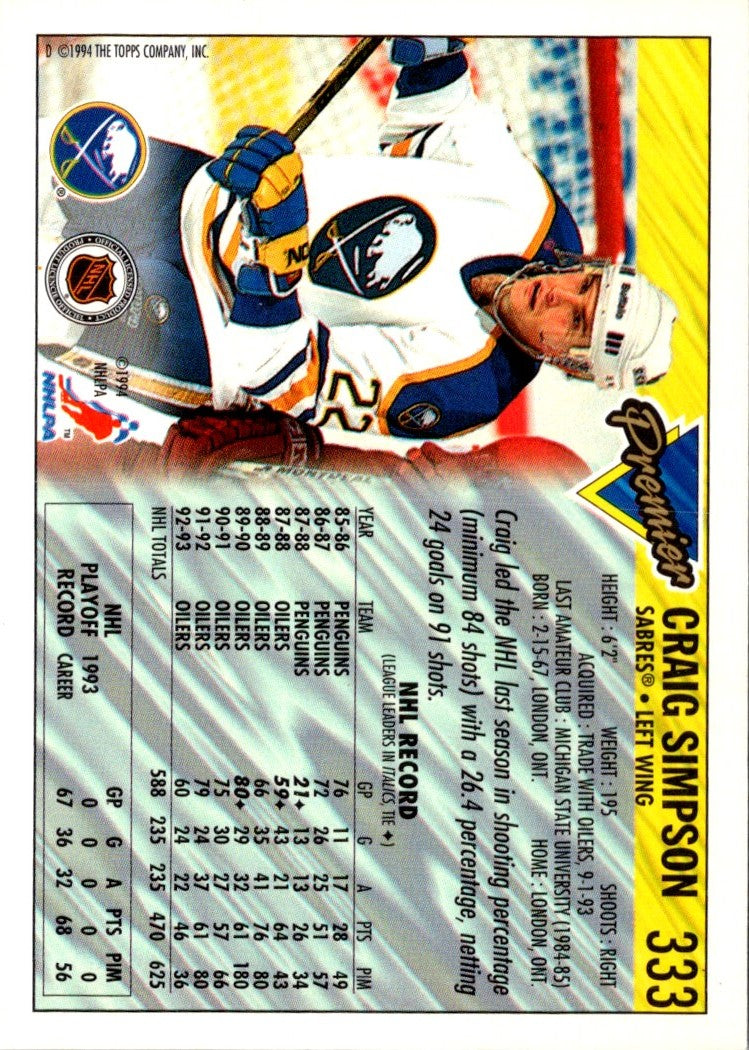 1993 O-Pee-Chee Premier Craig Simpson