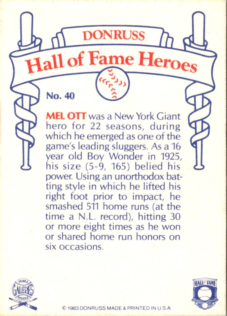 1983 Donruss Hall of Fame Heroes Mel Ott