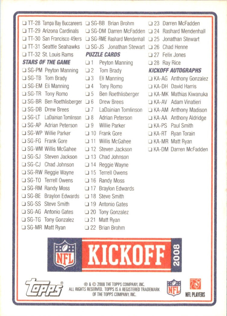 2008 Topps Kickoff Checklist 2