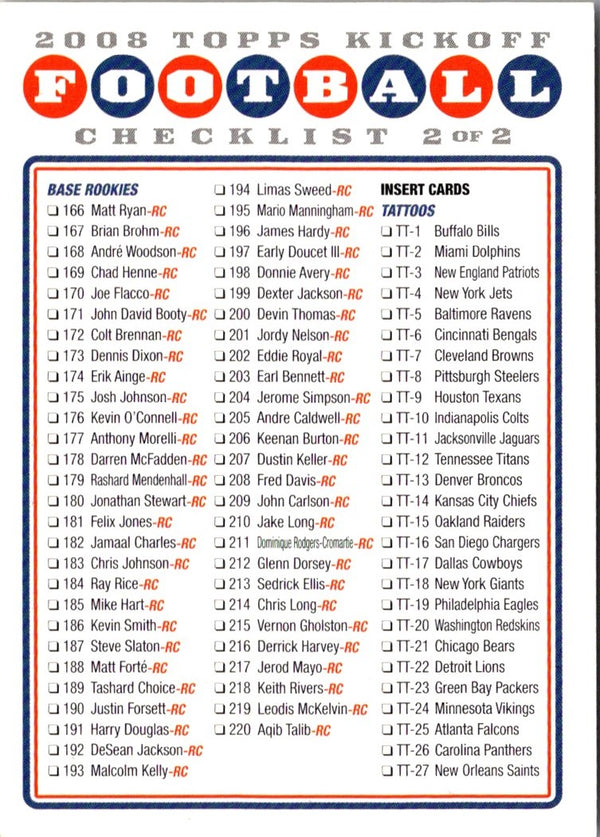 2008 Topps Kickoff Checklist 2 #CL2