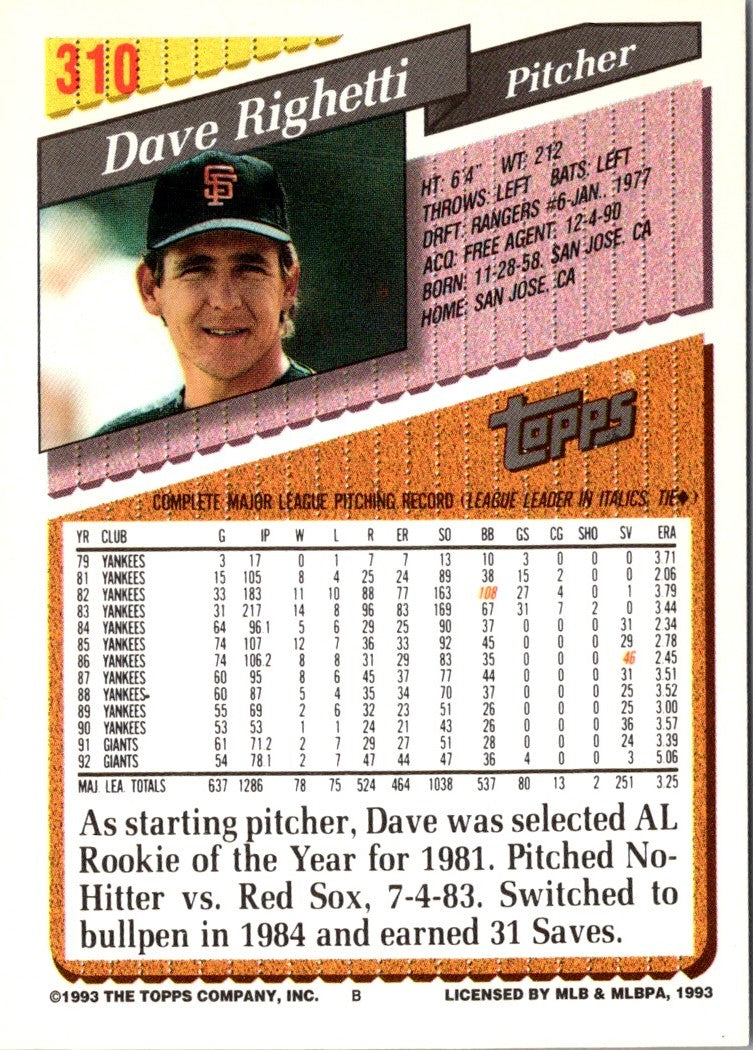 1993 Topps Gold Dave Righetti