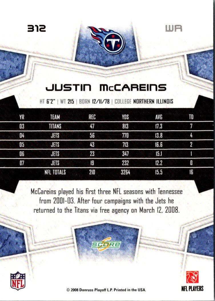 2008 Score Super Bowl XLIII Justin McCareins